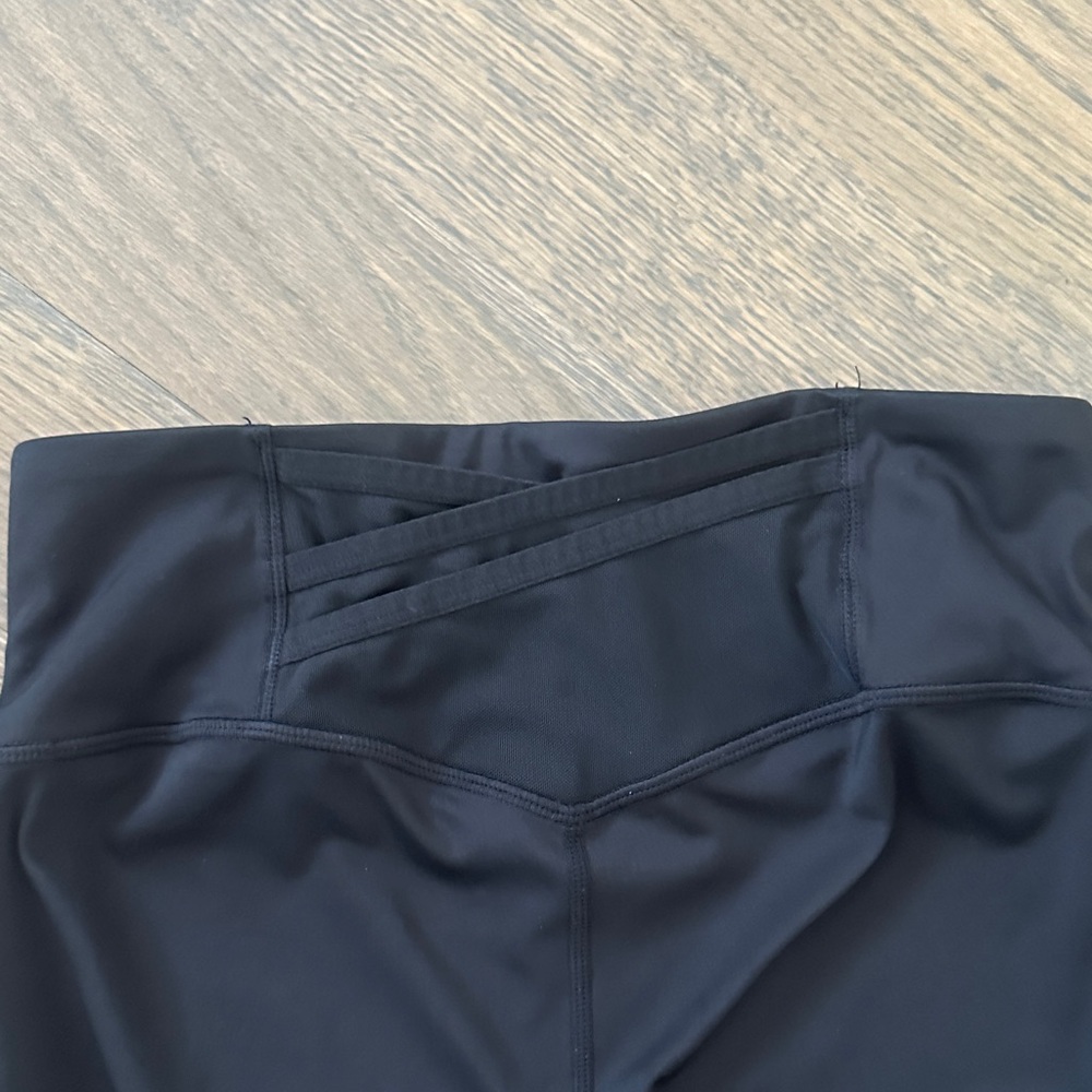 Two Fabletics Leggings, Blue & Black, Great Back Design/Pocket, Regular Length